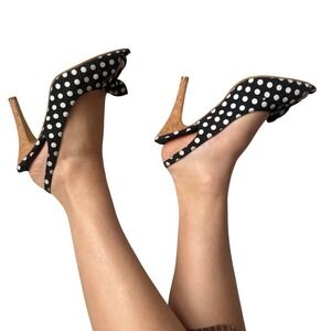 Y2K Polka Dot Peep Toe Slingback Heels Bow‎ Cork Stiletto Black White